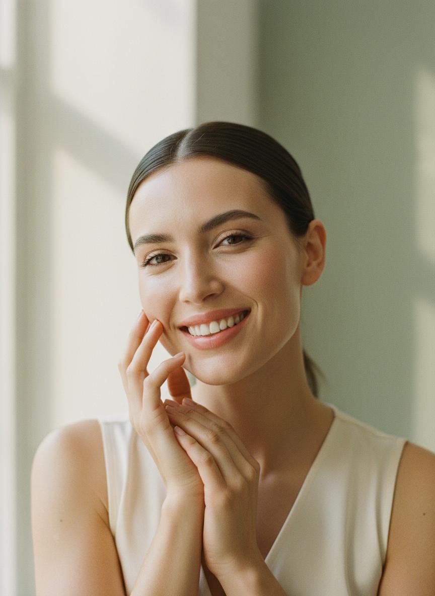 Woman with glowing natural skin representing vegan beauty