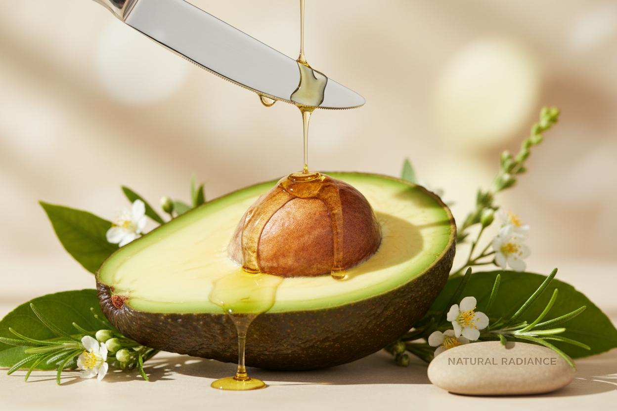 Fresh avocado with golden oil drops and botanical elements