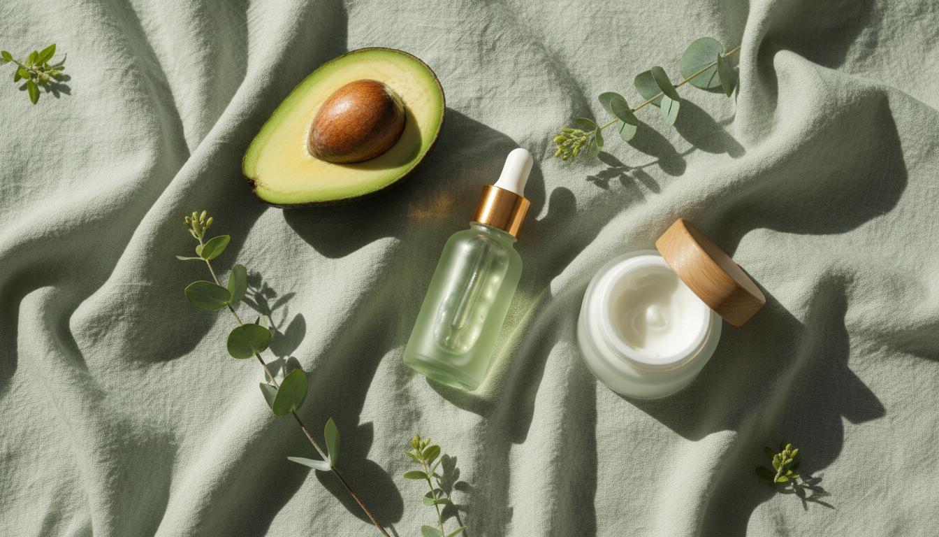 Sage green flat-lay with avocado and skincare products